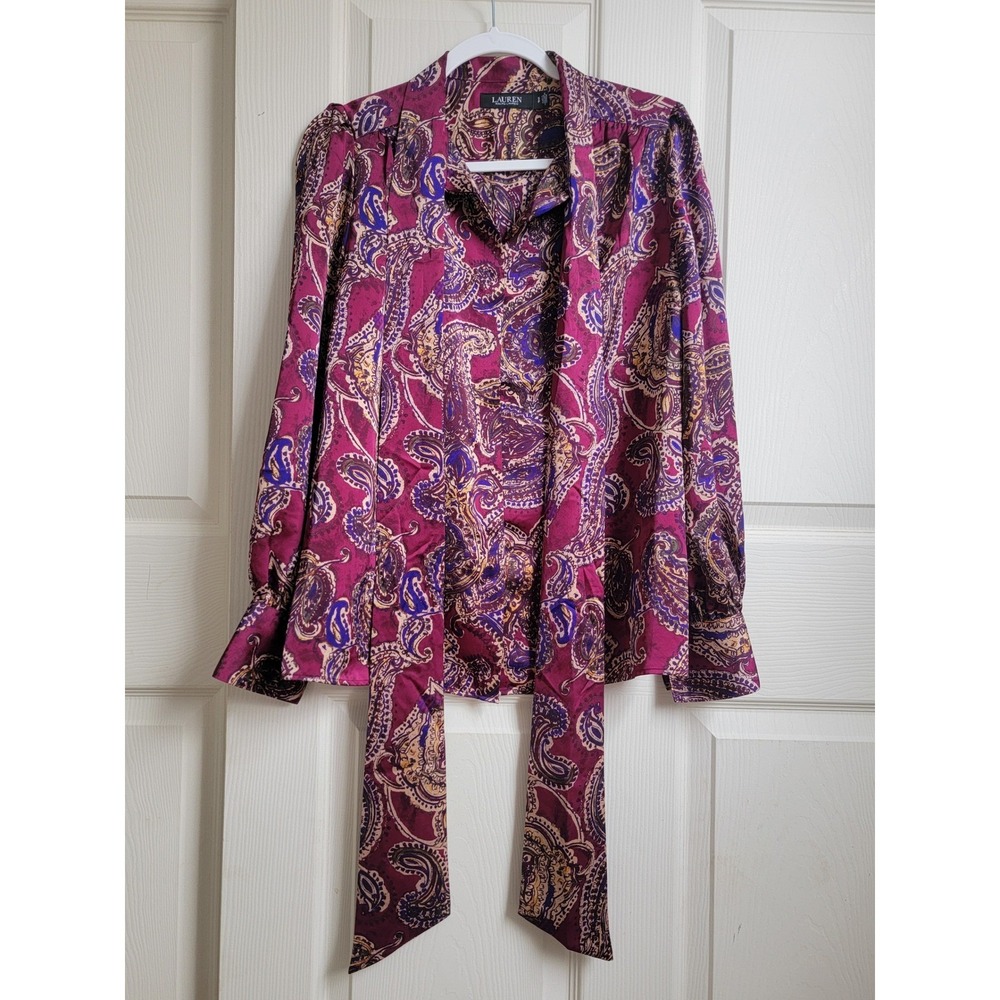 Lauren Ralph Lauren Black Label Paisley Satin Charmeuse‎ Tie-Neck Blouse Small - Picture 3 of 12